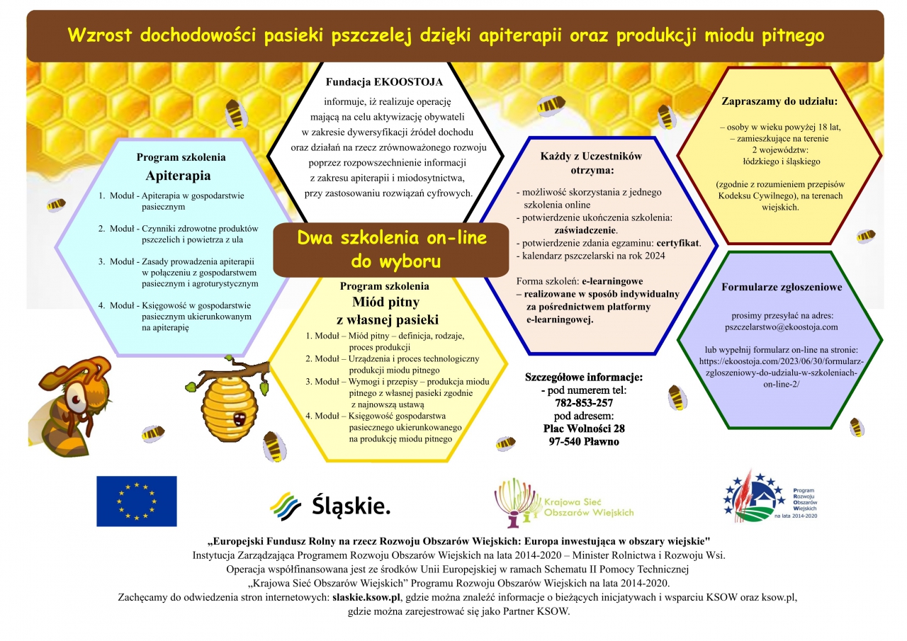 Plakat w kształcie plastrów miodów zapraszający do szkolenia on-line w dwóch tematykach do wyboru. Program szkolenia Apiterapia: 1 Moduł - Apiterapia w gospodarstwie pasiecznym; 2 Moduł - Czynniki zdrowotne produktów pszczelich i powietrza z ula; 3 Moduł - Zasady prowadzenia apiterapii w połączeniu z gospodarstwem pasiecznym i agroturystycznym; 4 moduł - Księgowość w gospodarstwie pasiecznym ukierunkowanym na apiterapię. Program szkolenia Miód pitny z własnej pasieki: 1 Moduł - Miód pitny - definicja, rodzaje, proces produkcji; 2 Moduł - Urządzenia i proces technologiczny produkcji miodu pitnego; 3 Moduł - Wymogi i przepisy - produkcja miodu pitnego z własnej pasieki zgodnie z najnowszą ustawą; 4 Moduł - Księgowość gospodarstwa pasiecznego ukierunkowanego na produkcję miodu pitnego. Każdy z uczestników otrzyma potwierdzenie ukończenia szkolenia: zaświadczenie, potwierdzenie zdania egzaminu: certyfikat oraz kalendarz pszczelarski na 2024 rok.