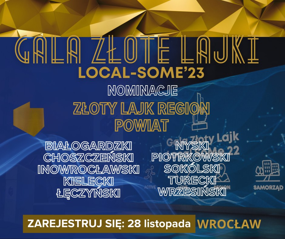 Grafika przedstawiająca nazwy nominowanych samorządów oraz informująca o gali Złote lajki.