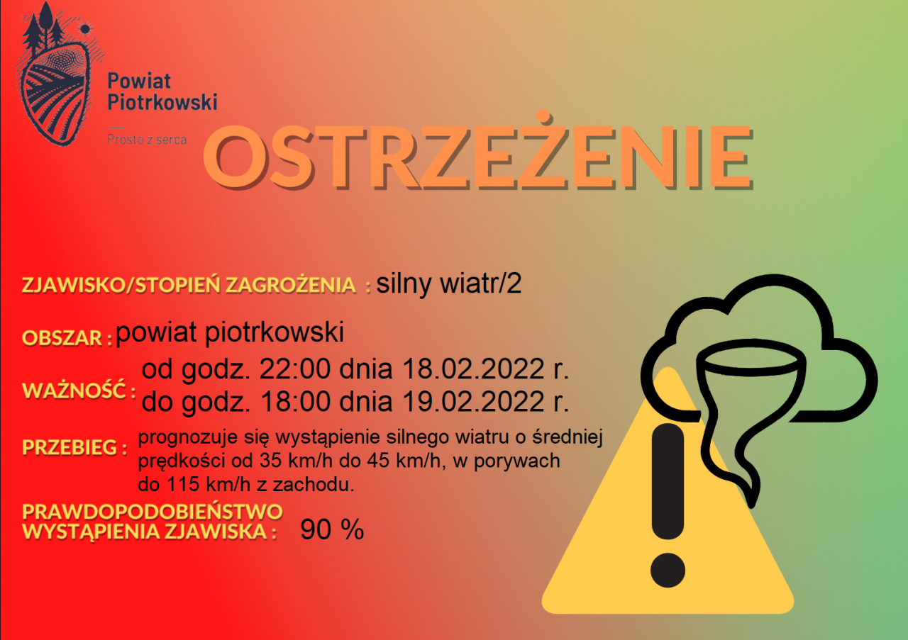 Informacja o silnym wietrze w powiecie piotrkowskim w dniach 18 i 19 lutego 2022 roku