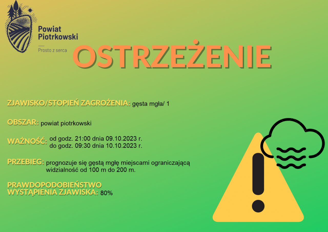 Grafika ostrzegająca o gęstej mgle na terenie powiatu piotrkowskiego. Treść ostrzeżenia znajduje się w poście. 
