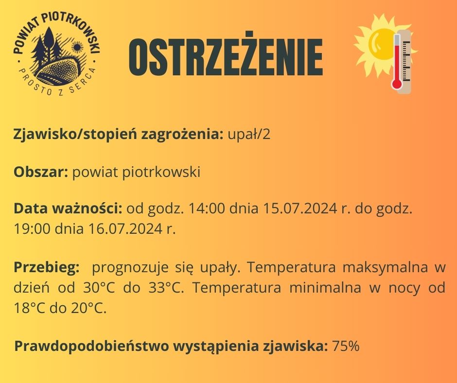 Grafika ostrzegająca o upałach na terenie powiatu piotrkowskiego. Treść ostrzeżenia znajduje się w poście.