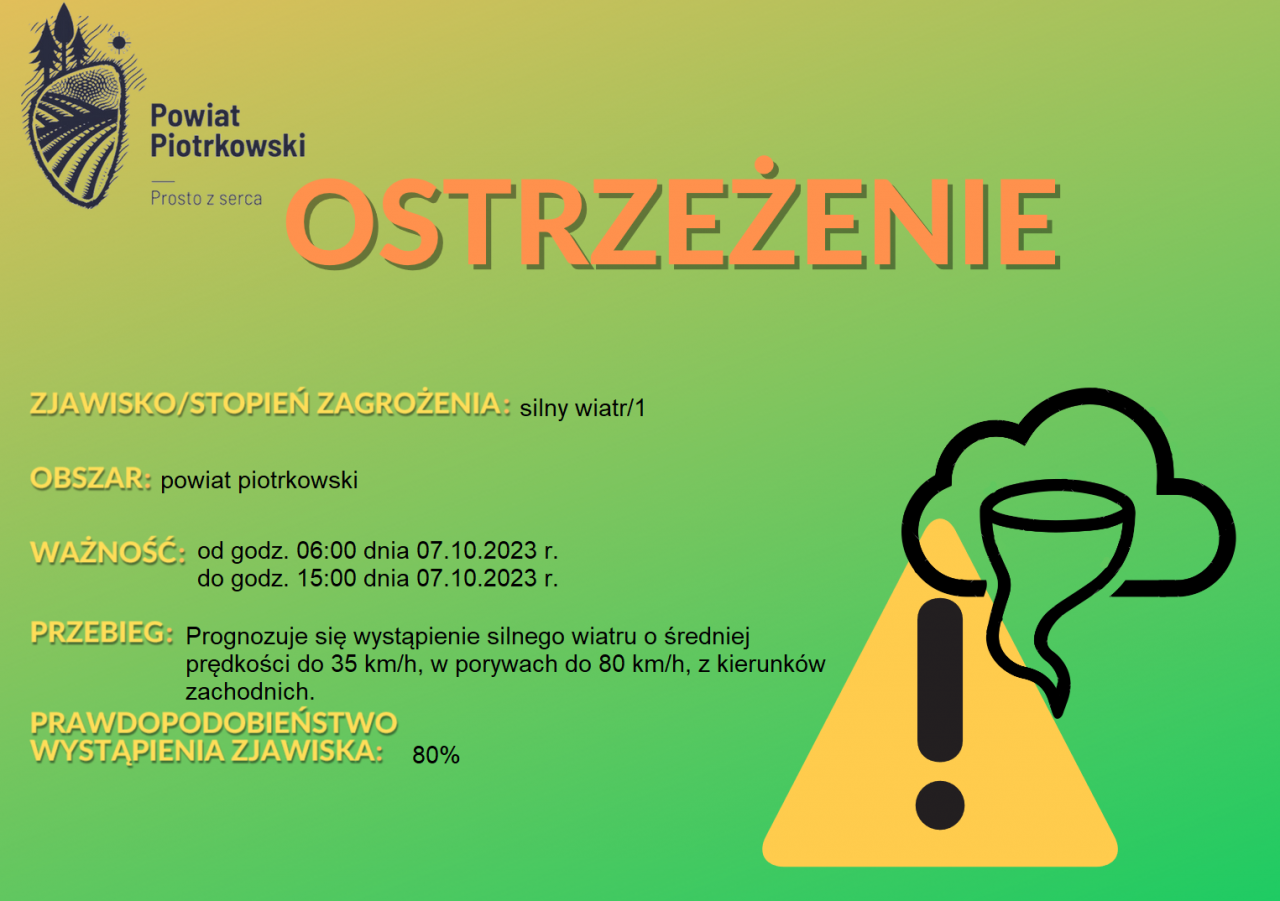 Grafika ostrzegająca o silnym wietrze na terenie powiatu piotrkowskiego. Treść ostrzeżenia znajduje się w zamieszczonej informacji