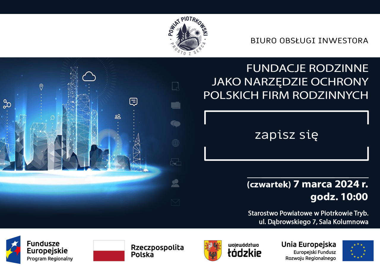 Plakat zapraszający na warsztat ekspercki dla przedsiębiorców dnia 7 marca (czwartek) o godzinie 10:00 w sali Kolumnowej Starostwa Powiatowego w Piotrkowie Trybunalskim. 