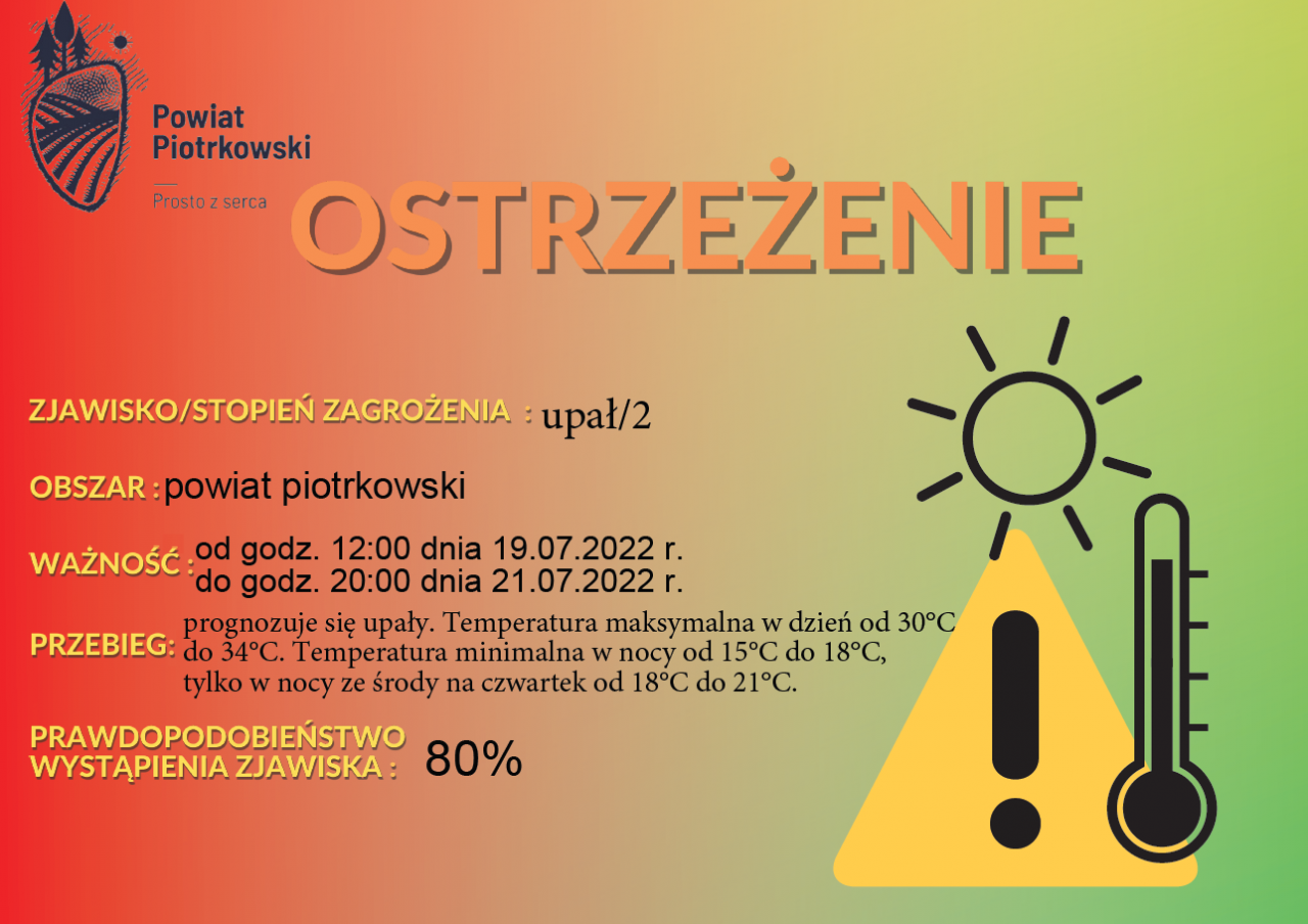 Grafika ostrzegająca o upałach na terenie powiatu piotrkowskiego. Treść ostrzeżenia znajduje się w poście.