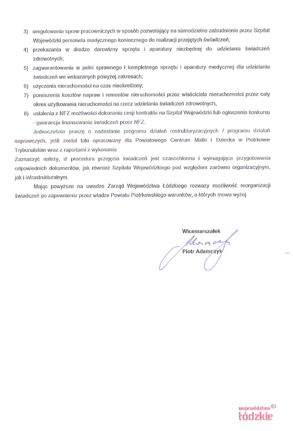 Pismo Marszałka Piotra Adamczyka