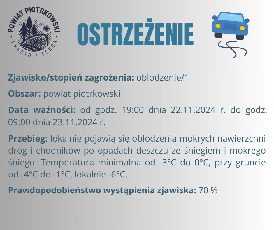 Grafika ostrzegająca o oblodzeniach na terenie powiatu piotrkowskiego. Treść ostrzeżenia znajduje się w poście.