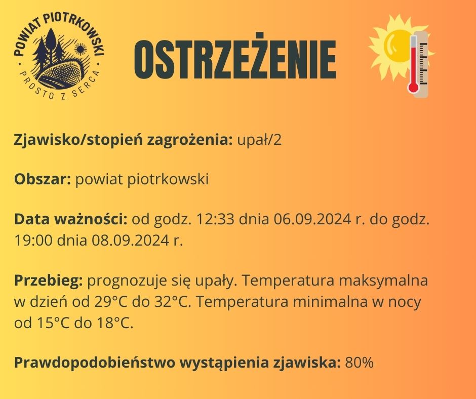 Grafika ostrzegająca o upałach na terenie powiatu piotrkowskiego. Treść ostrzeżenia znajduje się w poście.