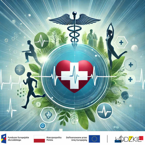 Dynamiczna grafika przedstawiająca motywy związane ze zdrowiem i aktywnością fizyczną. W centrum znajduje się serce z symbolem pierwszej pomocy oraz pulsującą linią życia. Wokół niego rozmieszczone są ikony symbolizujące zdrowy tryb życia – biegaczy, osobę praktykującą jogę oraz lekarza. Nad całością widnieje symbol kaduceusza, reprezentujący opiekę medyczną. Tło utrzymane w zielono-niebieskich odcieniach, symbolizujących spokój i harmonię. Na dole grafiki umieszczone są logotypy Funduszy Europejskich, Rzeczypospolitej Polskiej, Unii Europejskiej oraz Województwa Łódzkiego, wskazujące na dofinansowanie projektu