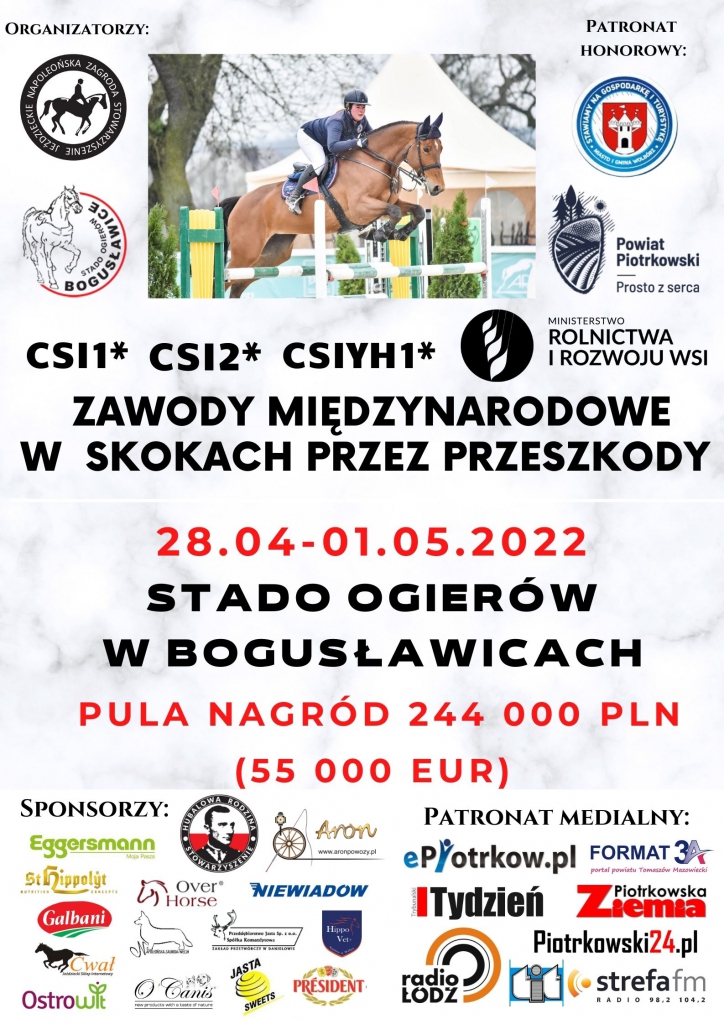 Międzynarodowe Zawody w Skokach przez przeszkody 28 kwietnia - 1 maja organizowany w Stadzie Ogierów w Bogusławicach - plakat przygotowany przez organizatora zawodów
