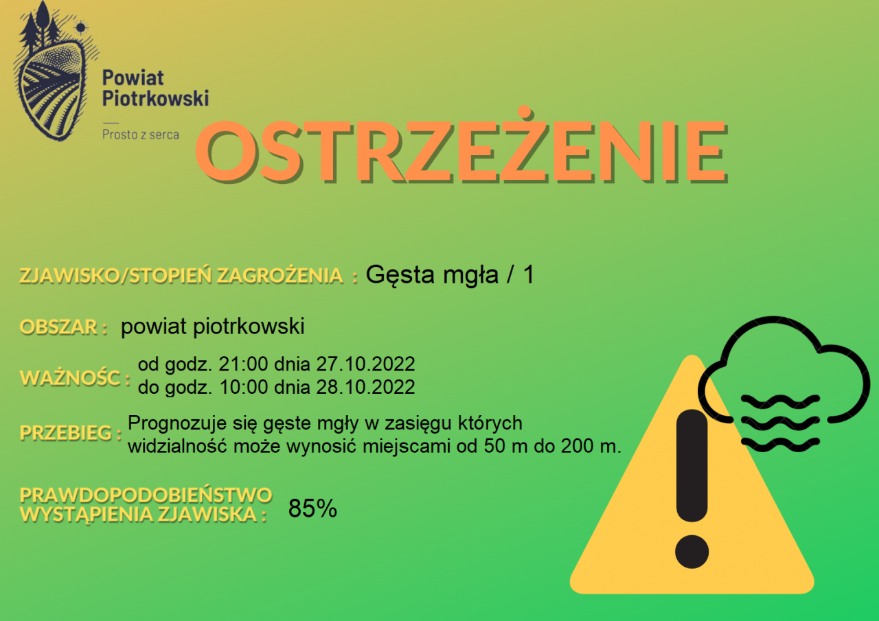 Grafika ostrzegająca o gęstych mgłach na terenie powiatu piotrkowskiego. Treść ostrzeżenia znajduje się w poście