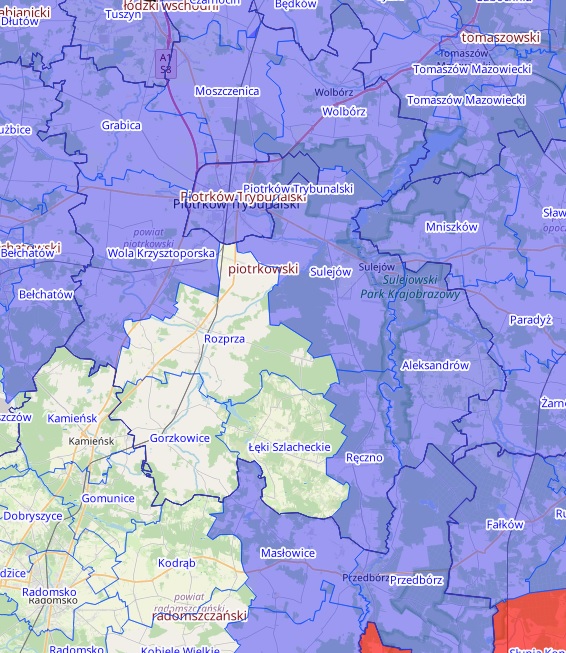 Mapa z fragmentem południowej części powiatu piotrkoskiego.