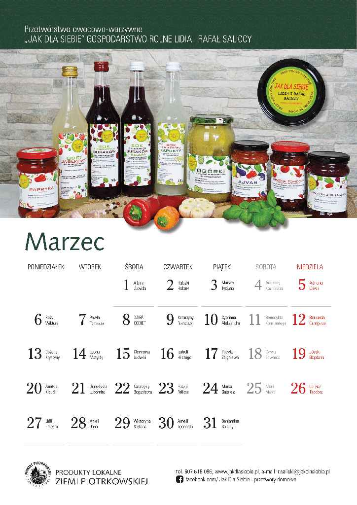 Kartka kalendarzowa z miesiąca marca przedstawiająca przetwory owocowo warzywne oraz logo Powiatu Piotrkowskiego prosto z serca.