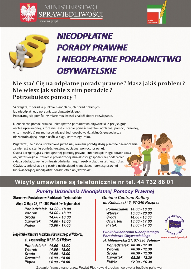 Plakat zawiera informację na temat wszystkich punktów nieodpłatnej nieodpłatnej pomocy prawnej i nieodpłatnego poradnictwa obywatelskiego zlokalizowanych na terenie Powiatu Piotrkowskiego i możliwościach skorzystania z bezpłatnej pomocy pomocy.