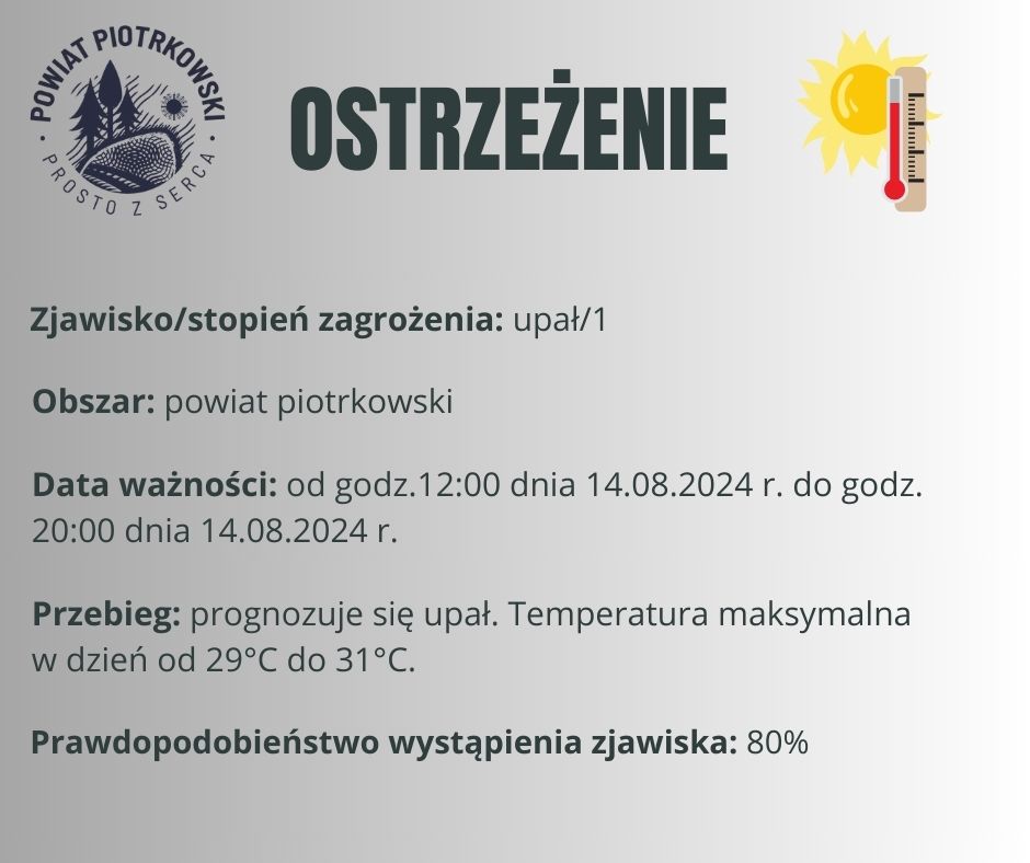 Grafika ostrzegająca o upałach na terenie powiatu piotrkowskiego. Treść ostrzeżenia znajduje się w poście.