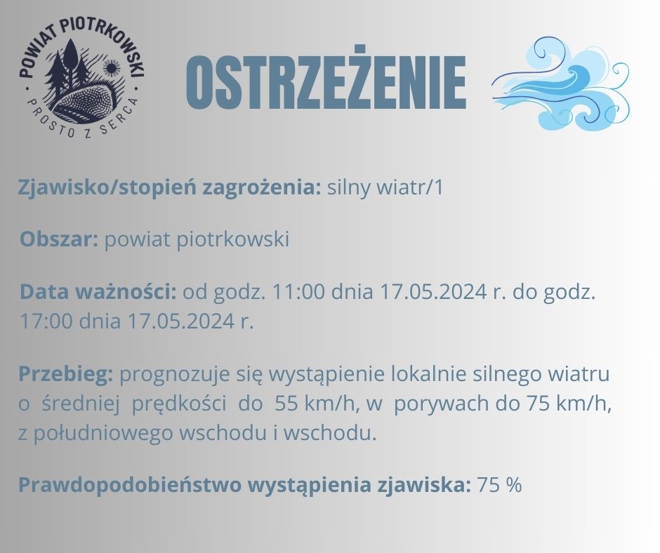 Grafika ostrzegająca o silnym wietrze na terenie powiatu piotrkowskiego. Treść ostrzeżenia znajduje się w poście. 