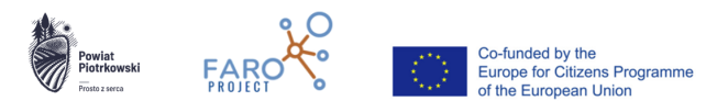 Logotypy Powiat Piotrkowski Prosto z serca, Faro Project oraz uniny informujący o dofinansowaniu ze środków unijnych