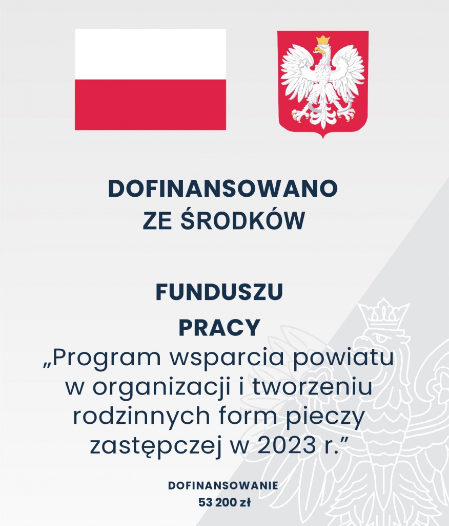 Tablica informująca o rządowym programie z napisem Dofinansowano ze środków Funduszu Pracy  "Program wsparcia powiatu w organizacji i tworzeniu rodzinnych form pieczy zastępczej w 2023 r. Dofinansowania 53 200 zł.