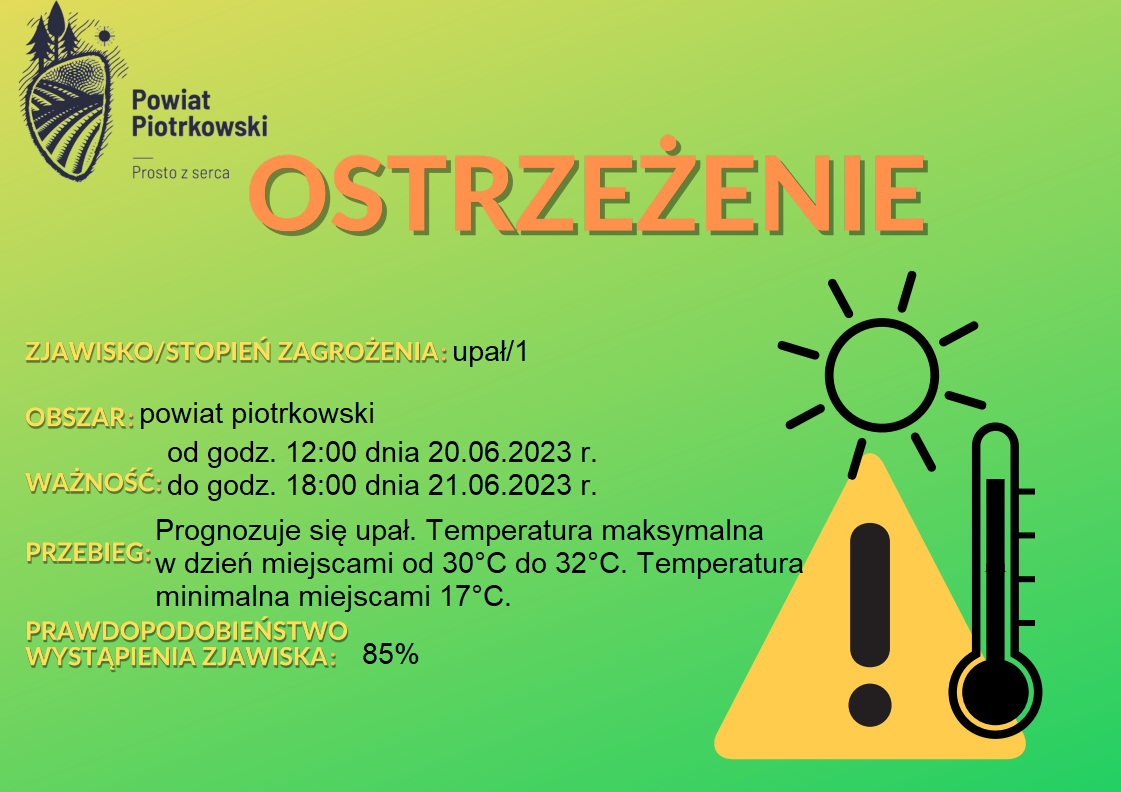 Grafika ostrzegająca o upałach na terenie powiatu piotrkowskiego. Treść ostrzeżenia znajduje się w poście. 