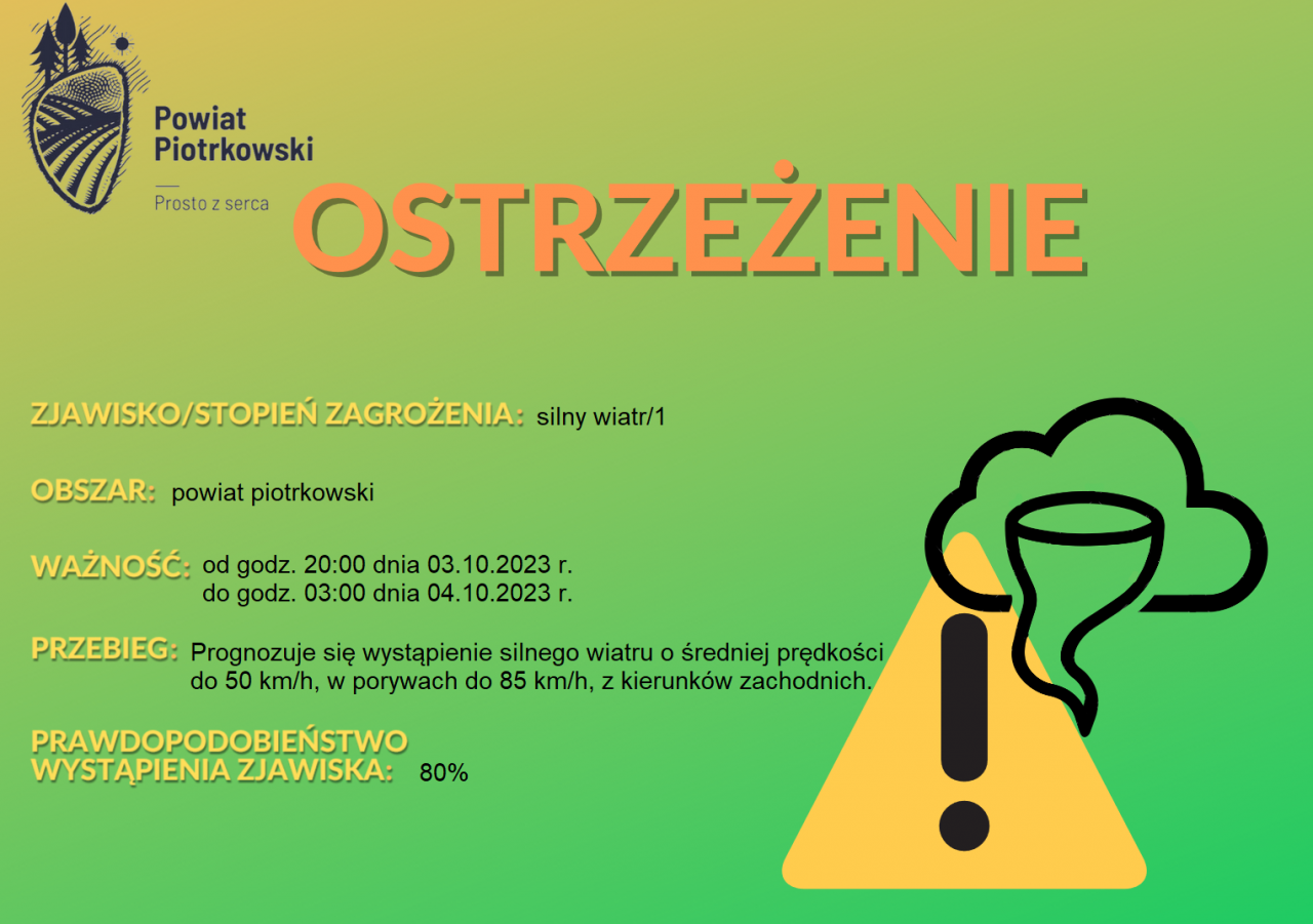 Grafika ostrzegająca o silnym wietrze na terenie powiatu piotrkowskiego. Treść ostrzeżenia znajduje się w zamieszczonej informacji.