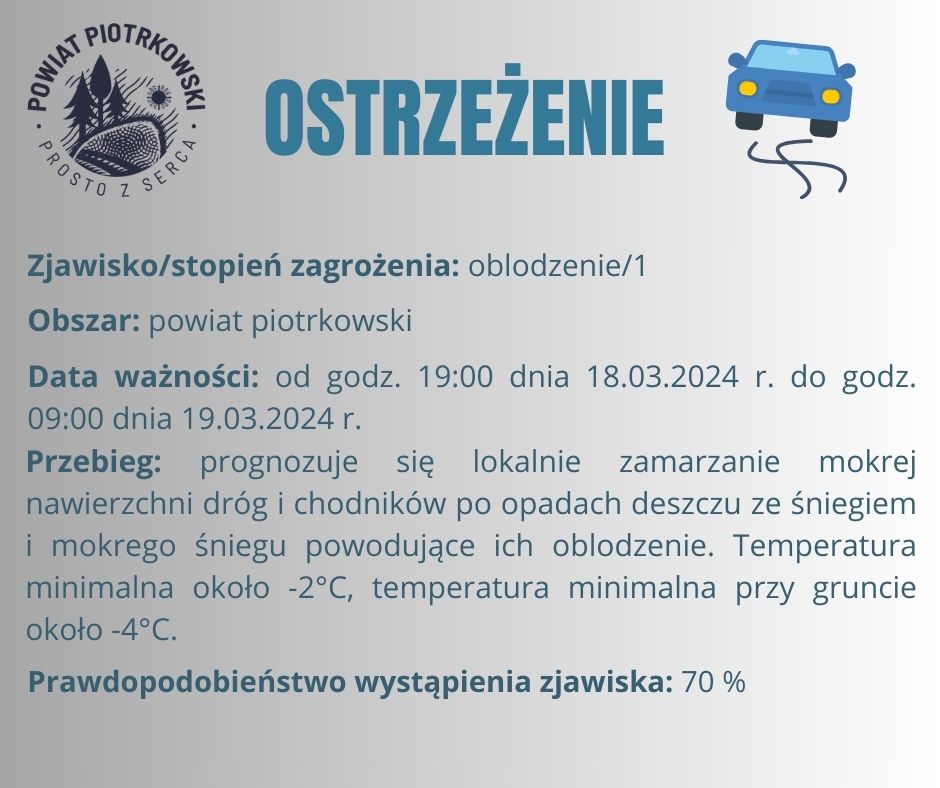 Grafika ostrzegająca o oblodzeniu na terenie powiatu piotrkowskiego. Treść ostrzeżenia znajduje się w poście.