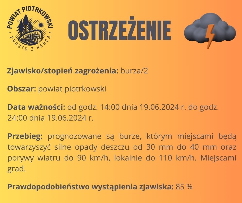 Grafika ostrzegająca o burzy na terenie powiatu piotrkowskiego. Treść ostrzeżenia znajduje się w poście. 