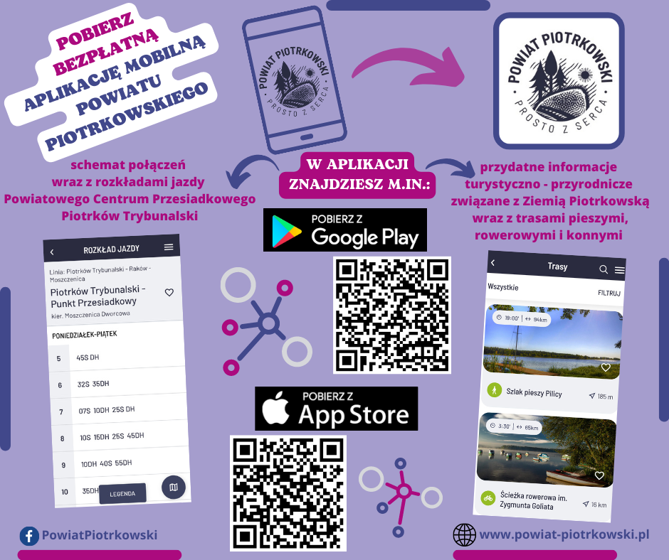 grafika w kolorach fioletowym, różowym oraz białym zawirająca kody QR do sklepu google play i app store, logo powiatu piotrkwoskiego protso z serca oraz zdjęcie przykładowego rozkładu jazdy oraz tras rowerowych, pieszych oraz konnych.