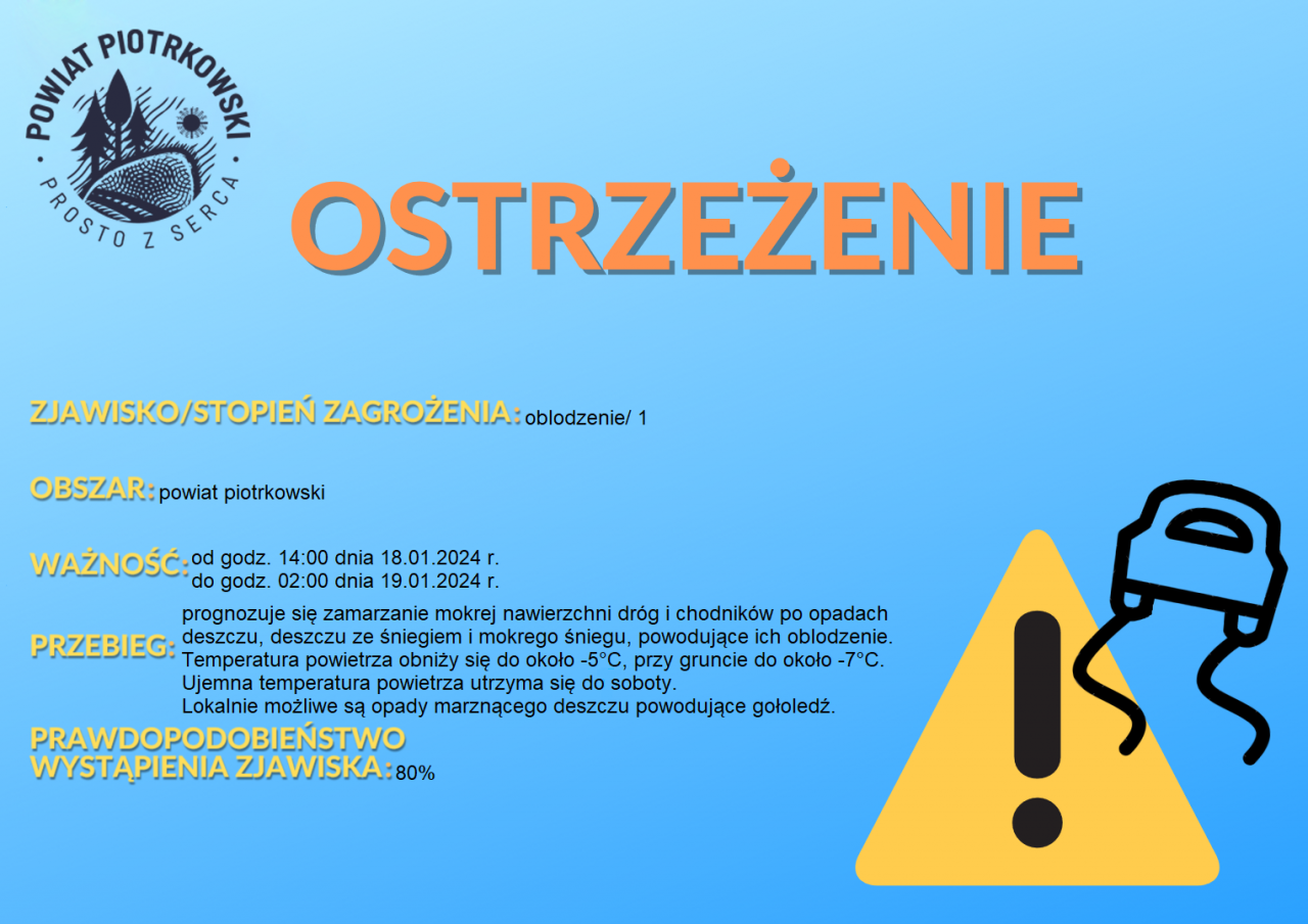 Grafika ostrzegająca o oblodzeniu na terenie powiatu piotrkowskiego. Treść ostrzeżenia znajduje się w poście. 