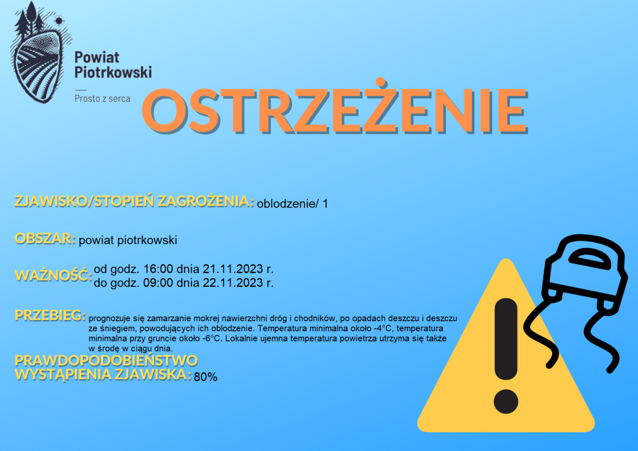 Grafika ostrzegająca o oblodzeniu na terenie powiatu piotrkowskiego. Treść ostrzeżenia znajduje się w poście. 