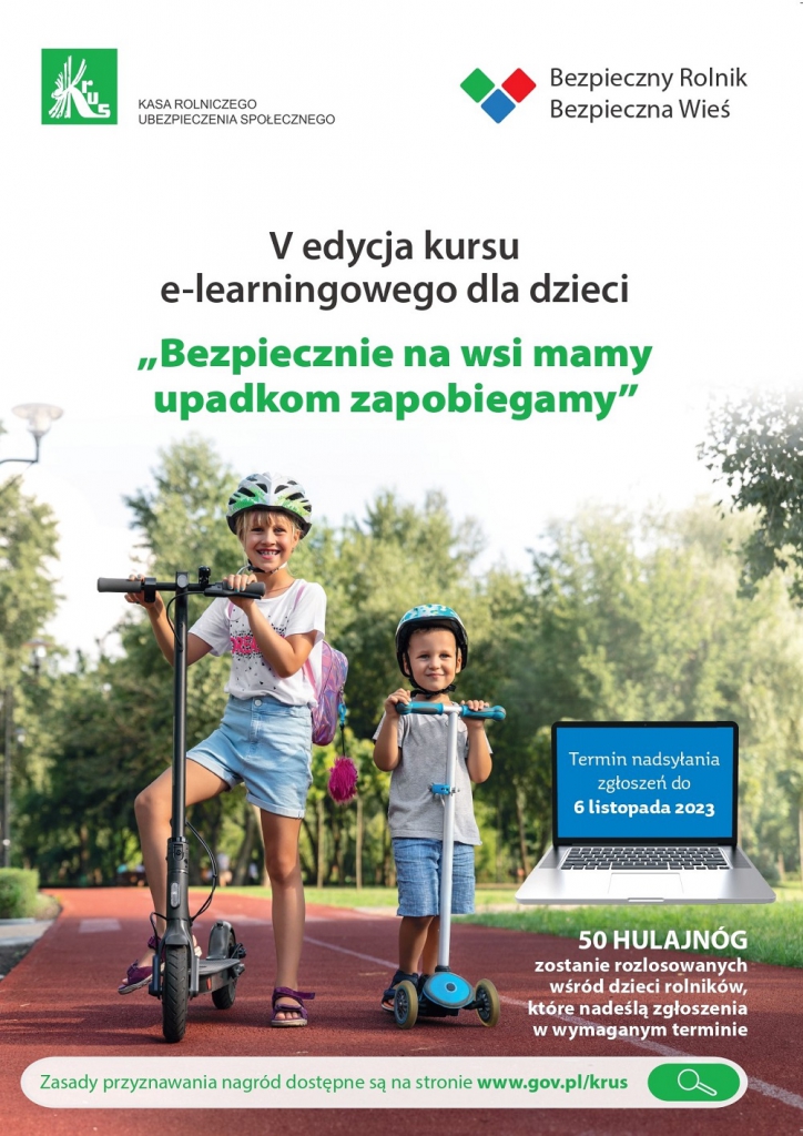 logo KRUS oraz programu Bezpieczny rolnik, bezpieczna wieś. V edycja kursu e-learningowego dla dzieci BEzpiecznie na wsi mamy, wyapdkom zapobiegamy. Zdjęcie dzieci na hulajnogach.