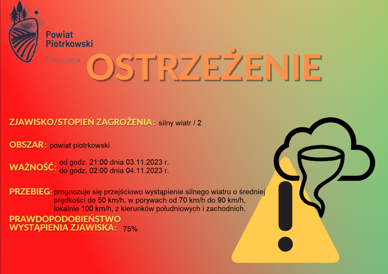 Grafika ostrzegająca o silnym wietrze na terenie powiatu piotrkowskiego. Treść ostrzeżenia znajduje się w poście
