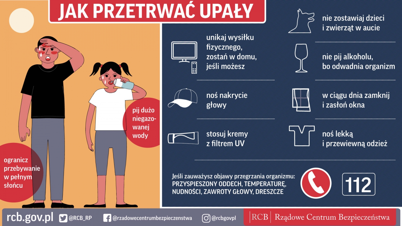 Grafika z Rządowego Centrum Bezpieczeństwa przestawiająca jak przetrwać upały. 1. Ogranicz przebywanie w pełnym słońcu. 2. Pij dużo niegazowanej wody. 3. Unikaj wysiłku fizycznego, zostań w domu, jeśli możesz. 4. Noś nakrycie głowy. 5. Stosuj kremy z filtrem UV. 6. Nie zostawiaj dzieci i zwierząt w aucie. 7. Nie pij alkoholu, bo odwania organizm. 8. W ciągu dnia zamknij i zasłoń okna. 9. Noś lekką i przewiewną odzież. Jeśli zauważysz objawy przegrzania organizmu – przyspieszony oddech, temperaturę, nudności, zawroty głowy, deszcze – zadzwoń pod 112.
