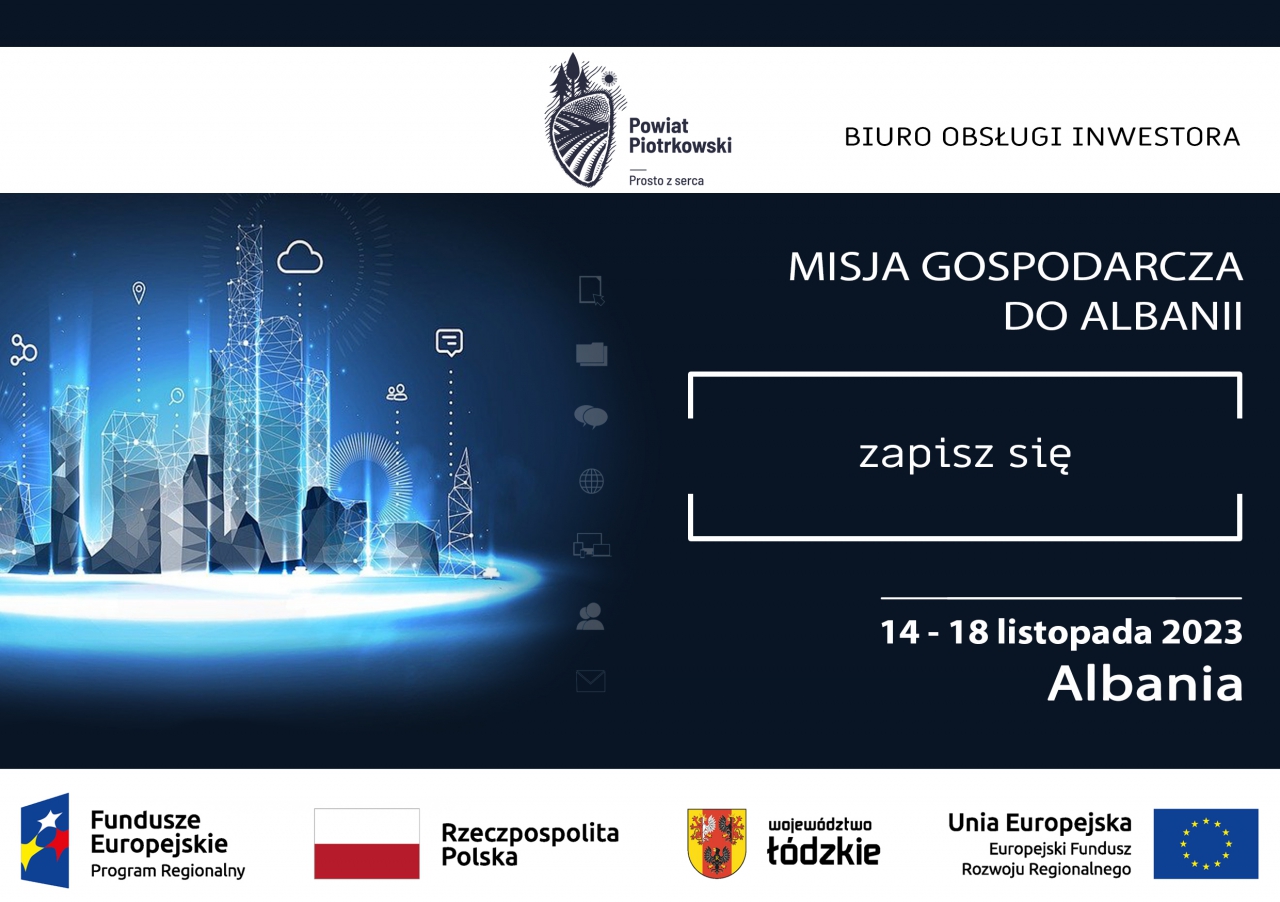 Plakat zapraszający na misję gospodarczą do Albanii.
