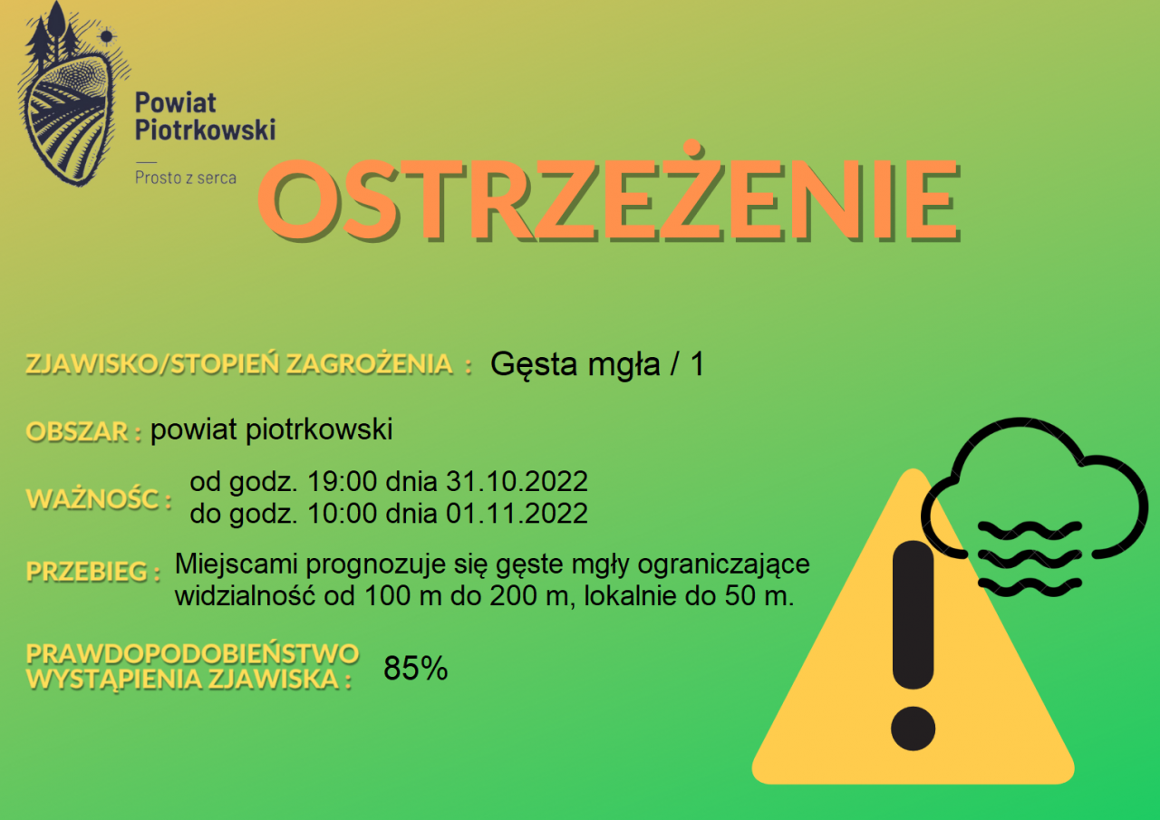 Grafika ostrzegająca o gęstych mgłach na terenie powiatu piotrkowskiego. Treść ostrzeżenia znajduje się w poście.