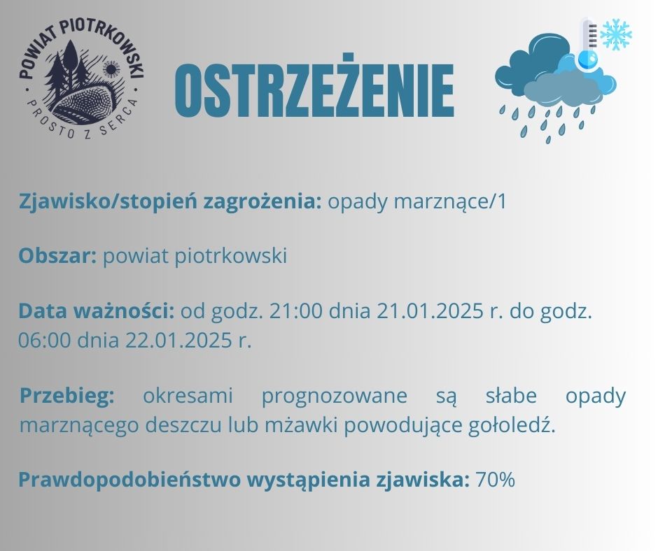 Grafika ostrzegająca o opadach marznących na terenie powiatu piotrkowskiego. Treść ostrzeżenia znajduje się w poście.