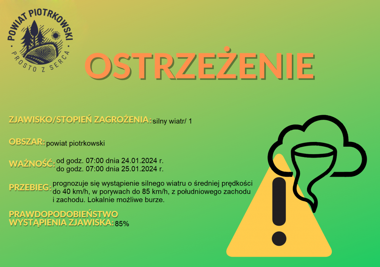 Grafika ostrzegająca o silnym wietrze na terenie powiatu piotrkowskiego. Treść ostrzeżenia znajduje się w poście.