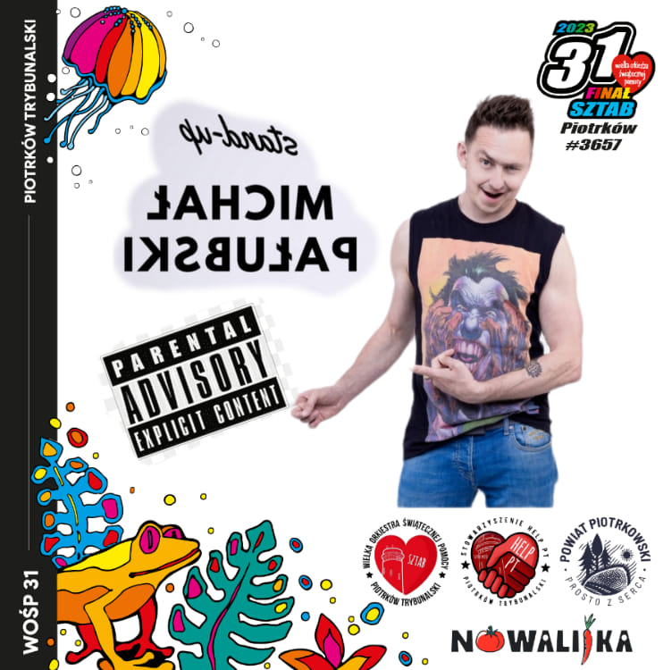 Kolorowa grafika przedstawiająca logo Powiat Piotrkowski Prosto z serca oraz logo Piotrkowskiego Sztabu Wielkiej Orkiestry Świątecznej Pomocy #3657, Wielkiej Orkiestry Świątecznej Pomocy Piotrków Trybunalski oraz Stowarzyszenia Help PT. Zdjęcie mężczyzny Michał Pałubski.