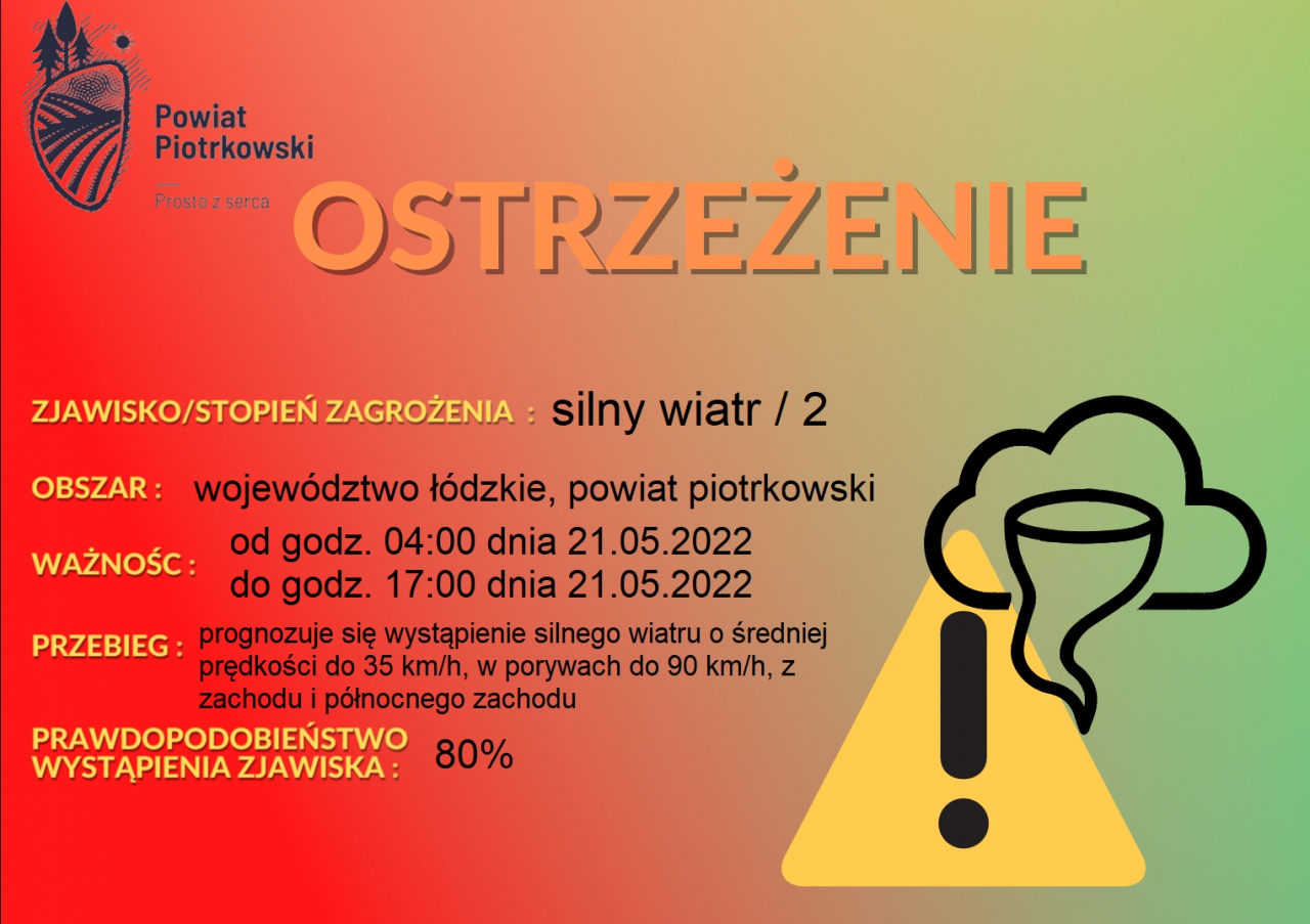Informacja o możliwości wystąpienia silnego wiatru w powiecie piotrkowskim