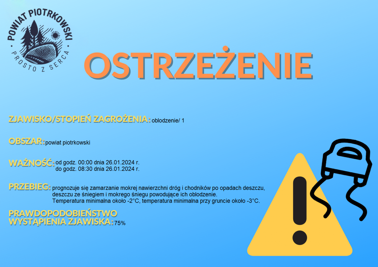 Grafika ostrzegająca o oblodzeniu na terenie powiatu piotrkowskiego. Treść ostrzeżenia znajduje się w poście.
