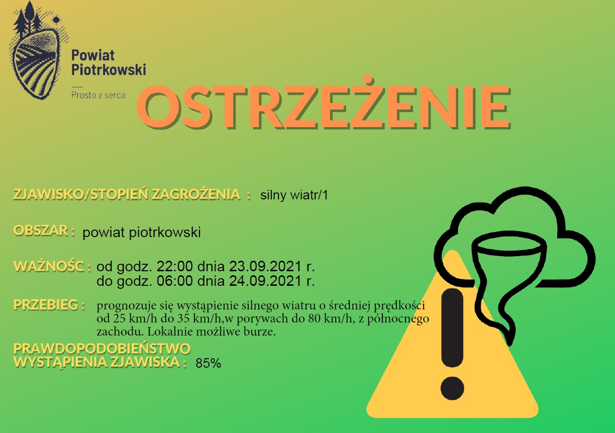 Infomacja o silnym wietrze w powiecie piotrkowskim w nocy 23 września