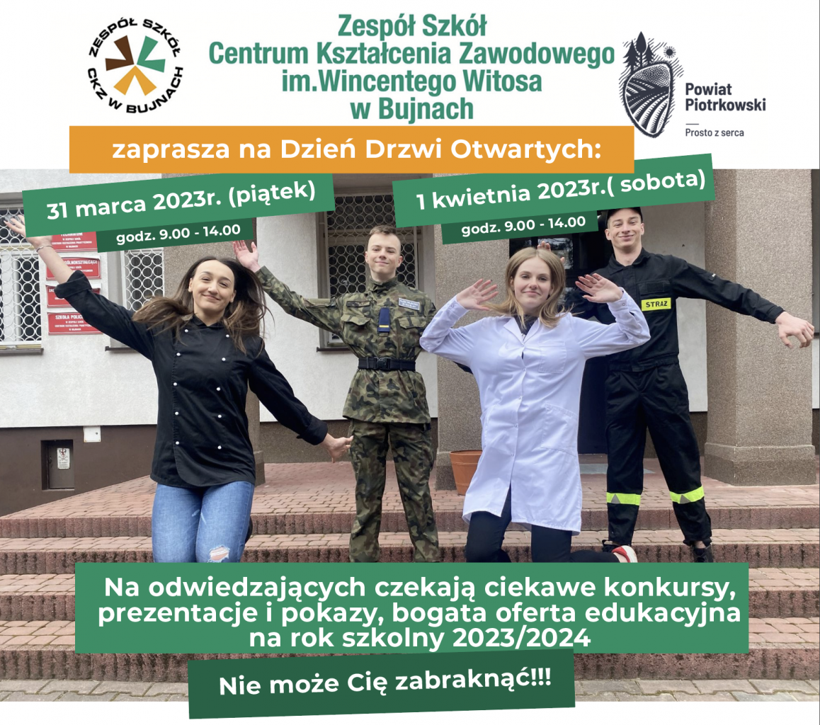 Plakat, zdjęcie szkoły, młodzież stoi na schodach, zaprasza na dni otwarte