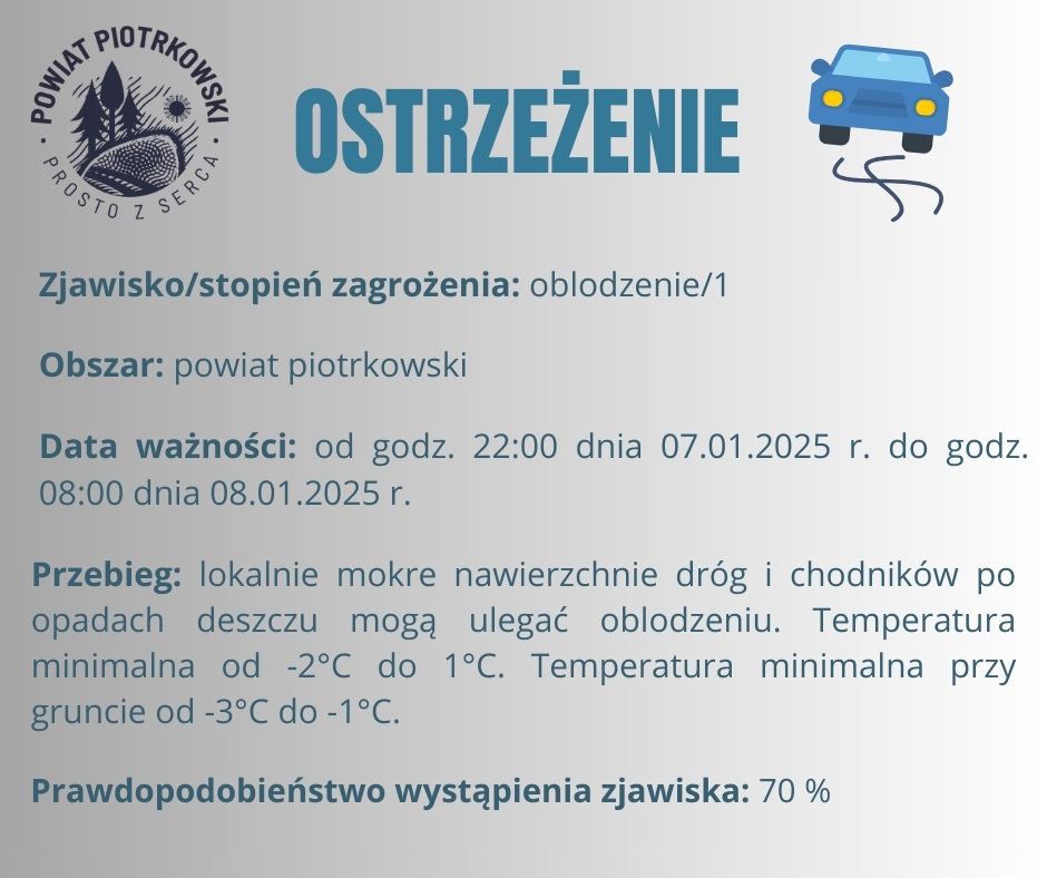 Grafika ostrzegająca o oblodzeniach na terenie powiatu piotrkowskiego. Treść ostrzeżenia znajduje się w poście.