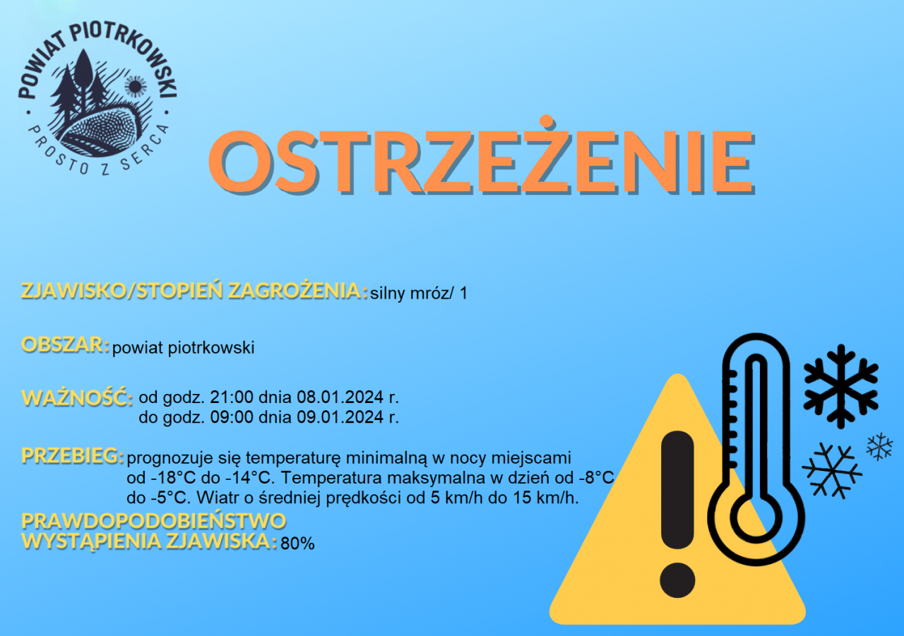 Grafika ostrzegająca o silnym mrozie na terenie powiatu piotrkowskiego. Treść ostrzeżenia znajduje się w poście