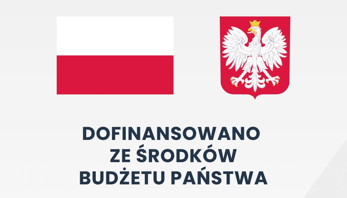 Flaga Polski i godło z napisem dofinansowano ze środków budżetu państwa