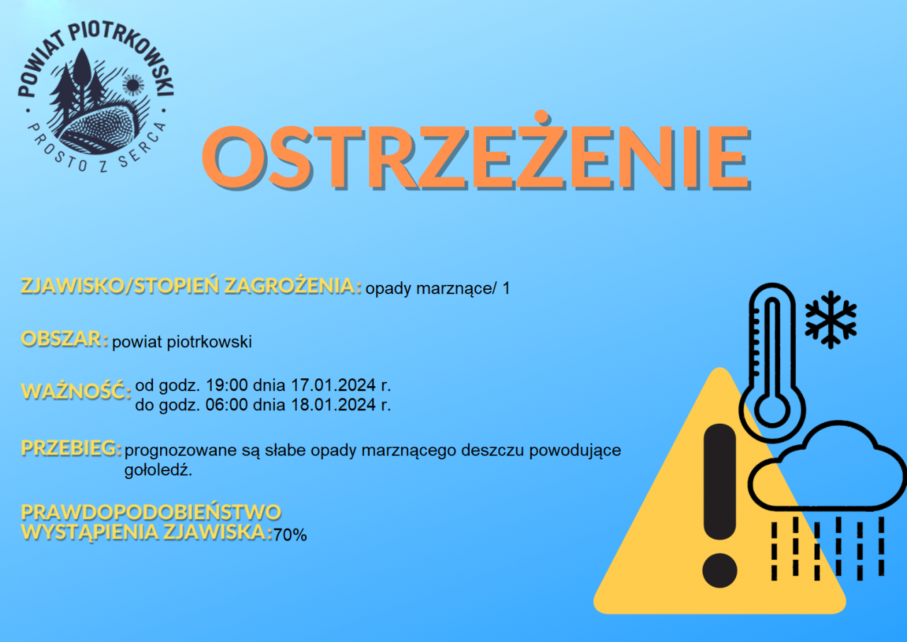 Grafika ostrzegająca o opadach marznących na terenie powiatu piotrkowskiego. Treść ostrzeżenia znajduje się w poście.
