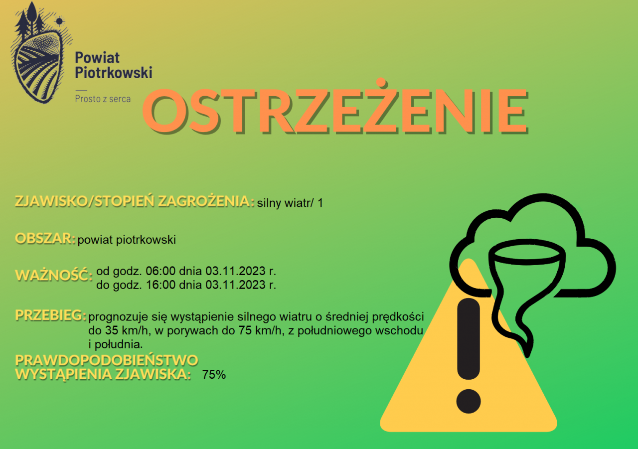 Grafika ostrzegająca o silnym wietrze na terenie powiatu piotrkowskiego. Treść ostrzeżenia znajduje się w informacji