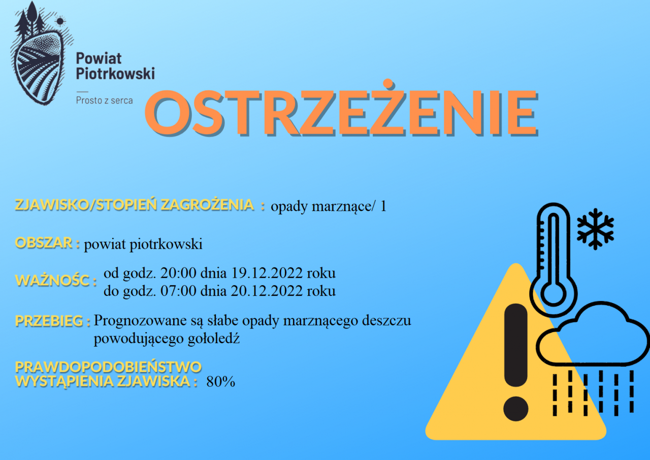 Grafika ostrzegająca o opadach marznących na terenie powiatu piotrkowskiego. Treść ostrzeżenia znajduje się w poście.