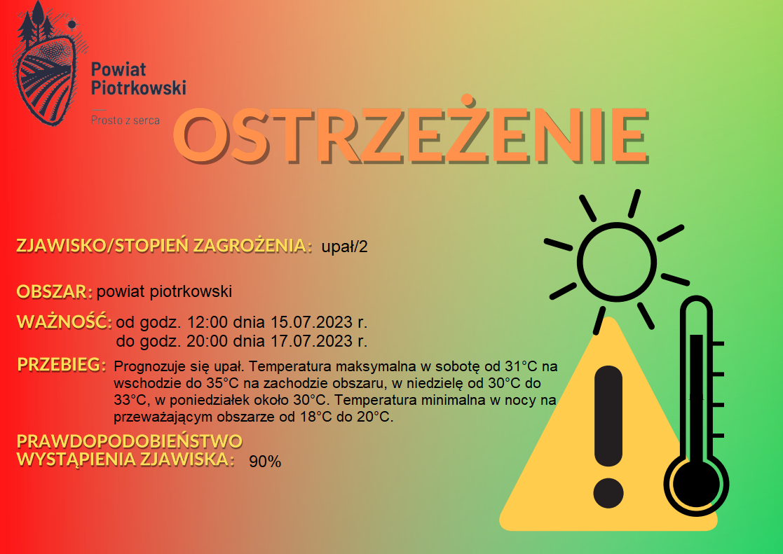 Grafika ostrzegająca o upale na terenie powiatu piotrkowskiego. Treść ostrzeżenia znajduje się w poście.