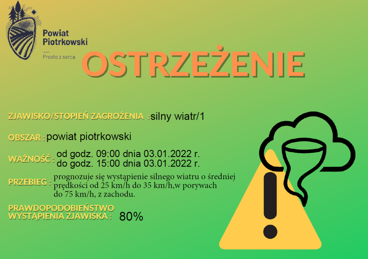 Informacja o silnym wietrze w powiecie piotrkowskim w dniu 3 stycznia 2022 roku