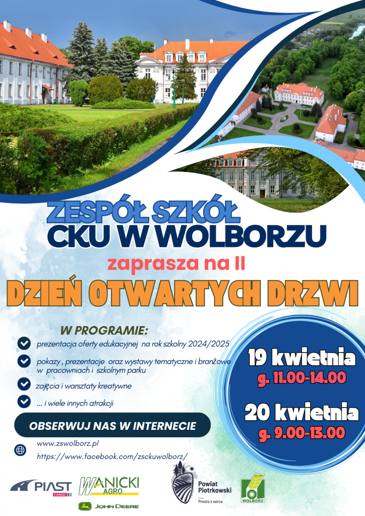 Już w najbliższy piątek i sobotę, czyli 19.-20.kwietnia 2024, zapraszamy do wyjątkowego Zespołu Szkół CKU w Wolborzu na drugą już odsłonę Dni Otwartych Szkoły.