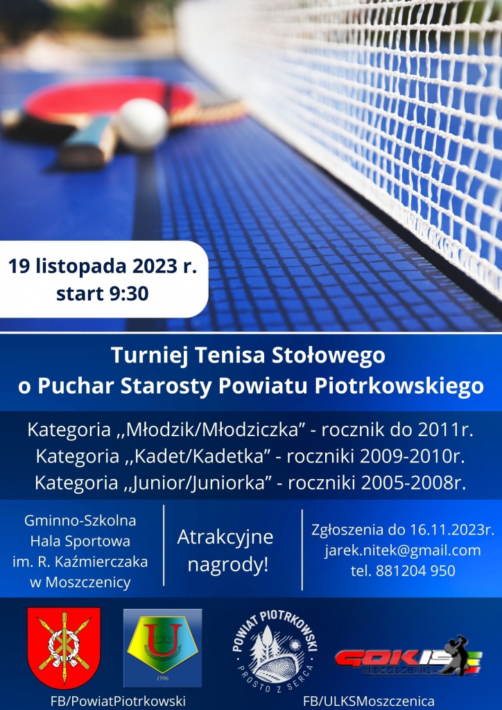 Plakat zapraszający na Turniej Tenisa stołowego przygotowany przez organizatora wydarzenia